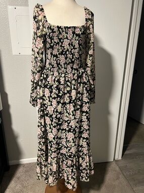 Betsey Johnson Black Floral Smocked Maxi Dress with Pink Blossoms